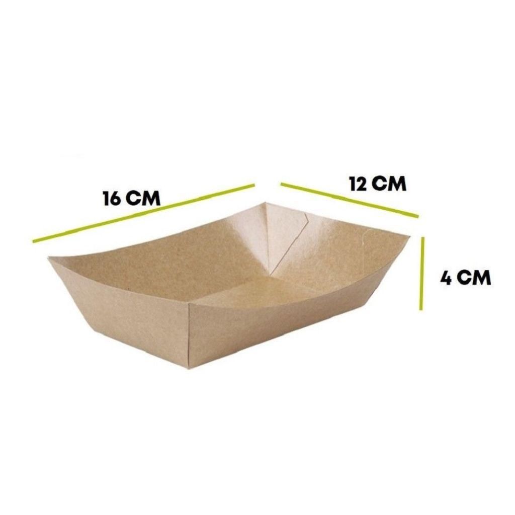 Vassoio per alimenti in carta marrone con dimensioni indicate 16 cm, 12 cm e 4 cm