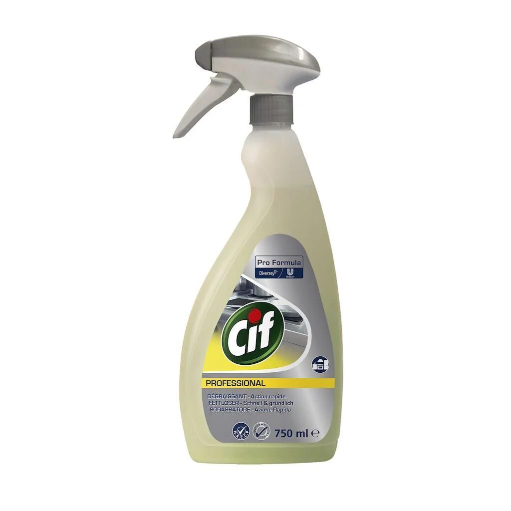 Flacone spray detergente Cif beige con erogatore a grilletto grigio ed etichetta gialla su sfondo bianco.