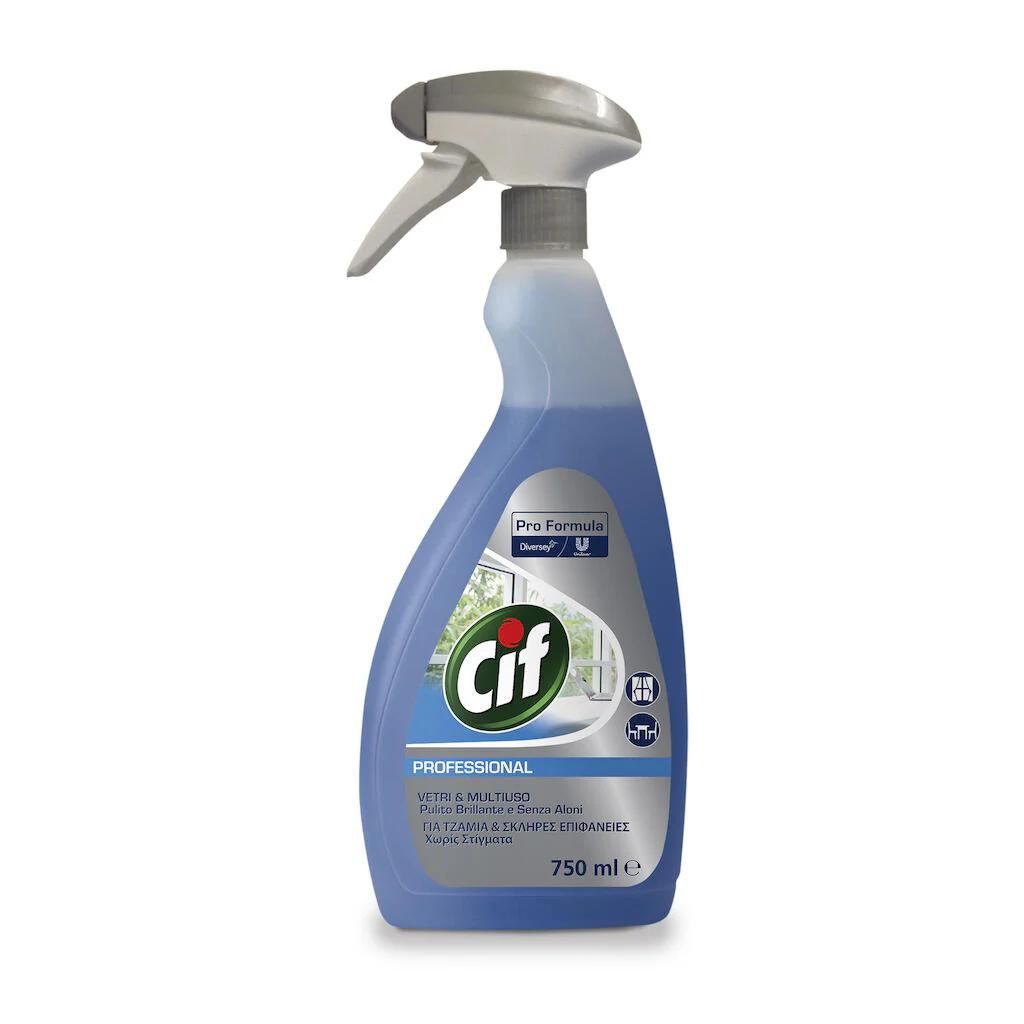 Flacone spray detergente Cif blu con erogatore a grilletto bianco su sfondo neutro