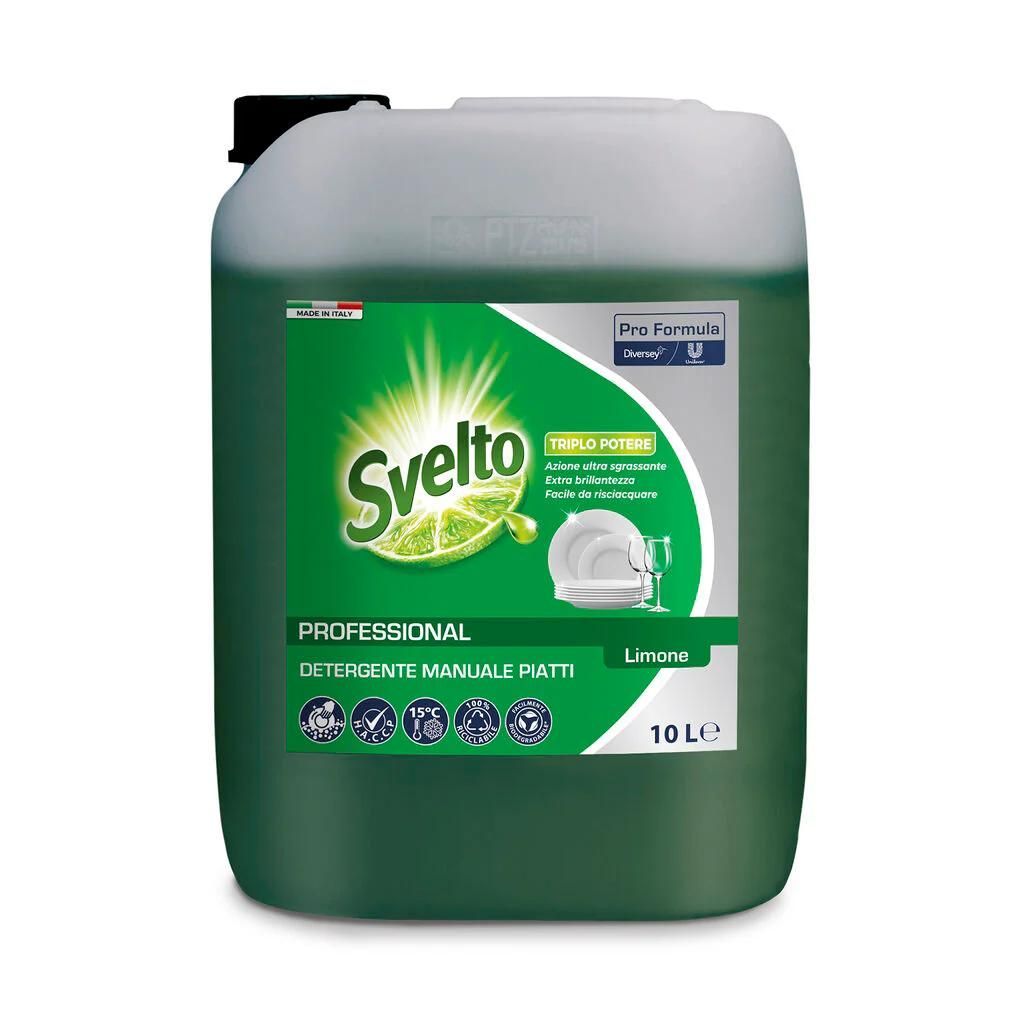 Flacone di detersivo per piatti Svelto verde con tappo bianco ed etichetta da 10 L