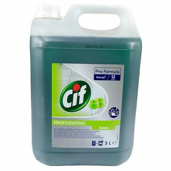 Detergente liquido CIF Professional di colore verde in una tanica da 5 litri con manico ed etichetta.