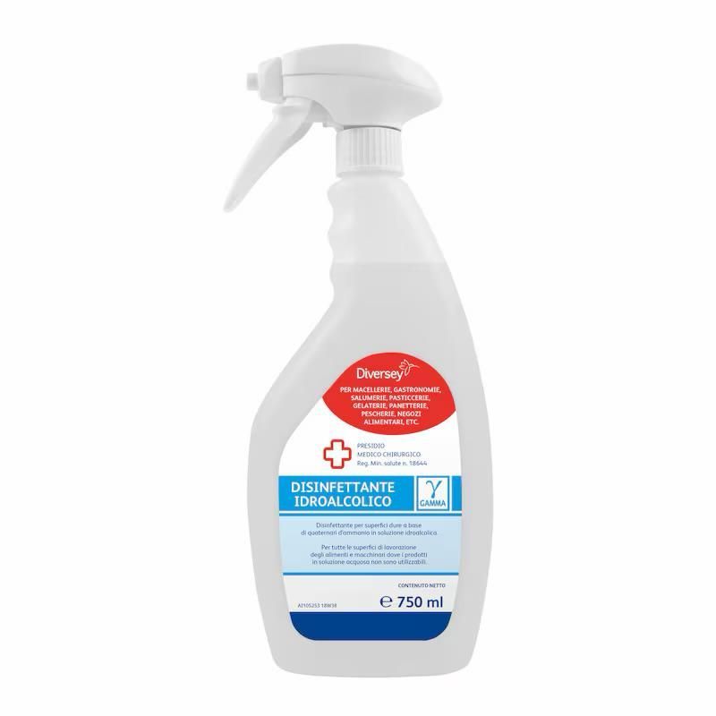 Flacone spray bianco di disinfettante con etichetta rossa e blu, 750 ml