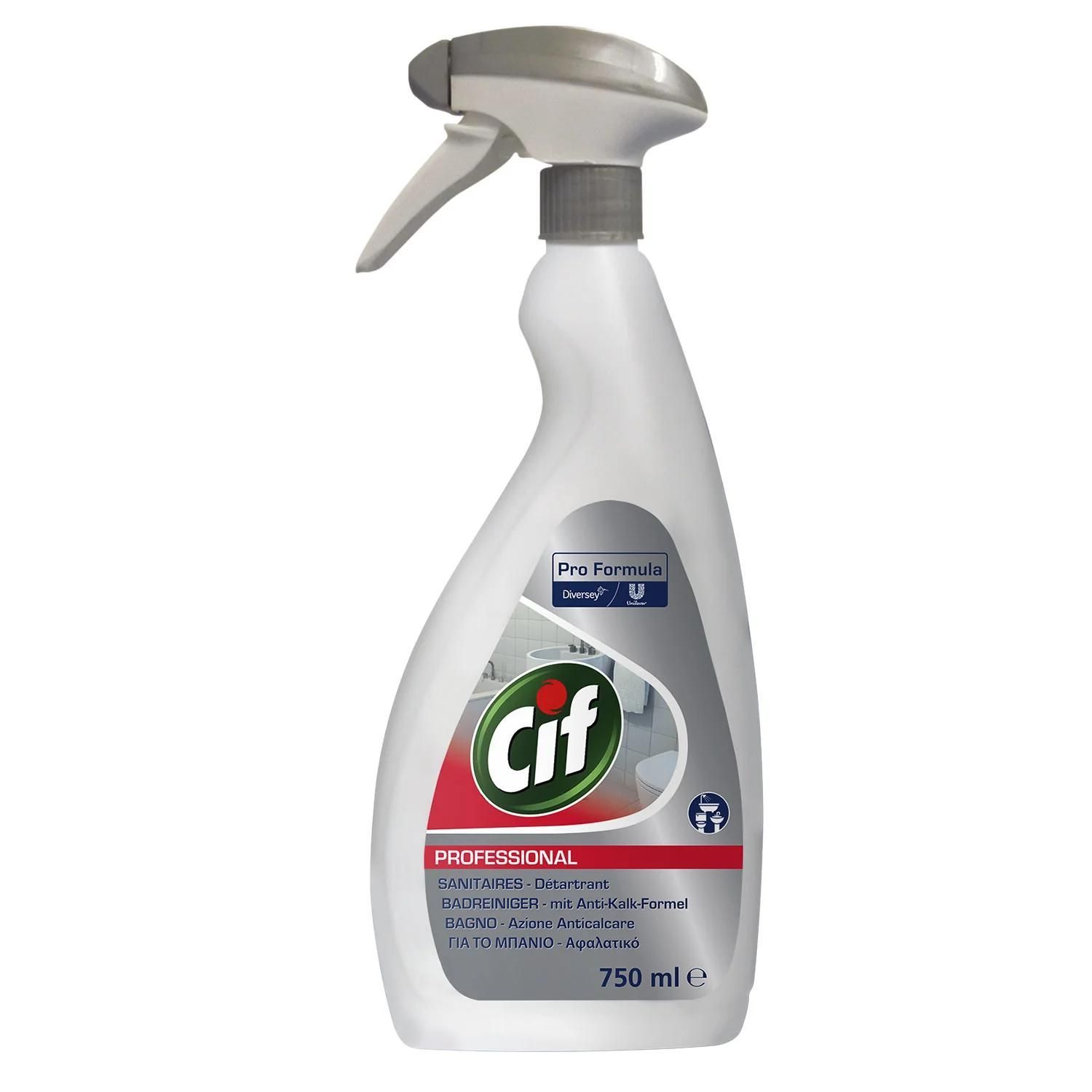 Flacone spray detergente Cif bianco con grilletto, ugello grigio ed etichetta rossa su sfondo neutro.