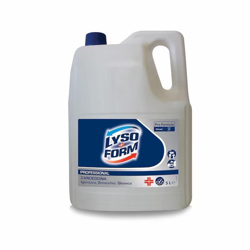 Flacone bianco di disinfettante detergente Lysoform con etichetta e manico blu su sfondo bianco