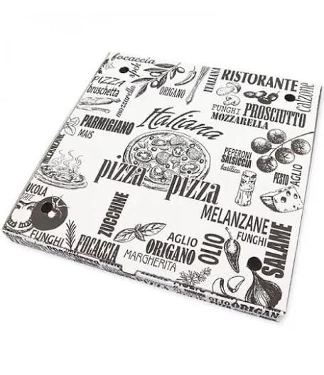 Tovaglietta in bianco e nero a tema cibo italiano con parole come pizza, pasta e ristorante.