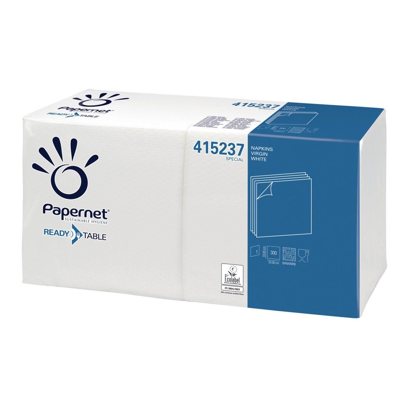 Confezione di carta igienica riciclata Papernet, imballaggio bianco e blu, scatola da 4 pezzi.