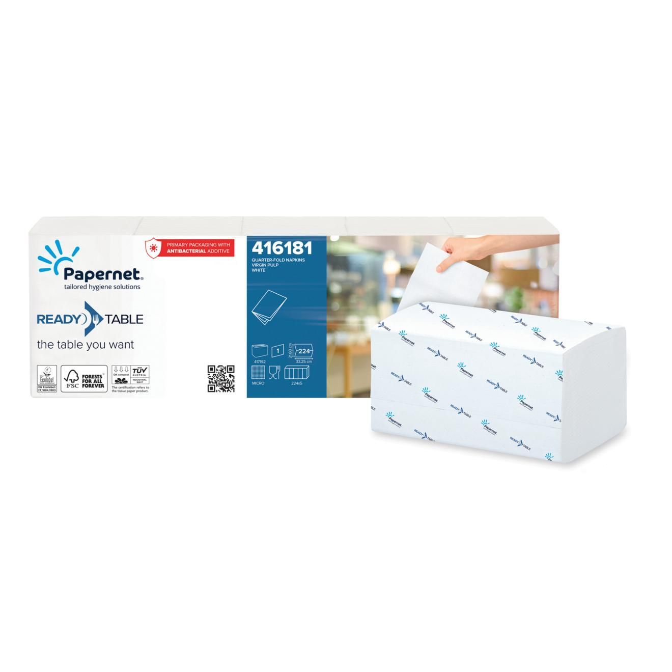 Confezione di fazzoletti Papernet con fazzoletti bianchi e logo blu su sfondo bianco pulito.