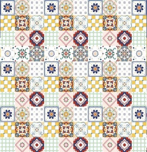 Un patchwork colorato di motivi floreali, geometrici e a scacchiera ripetuti nei colori blu, rosso, giallo e verde.