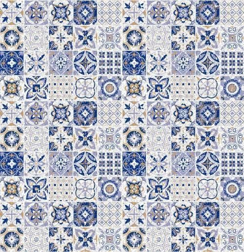 Mosaico geometrico in piastrelle blu e bianche con motivi floreali e a stella.
