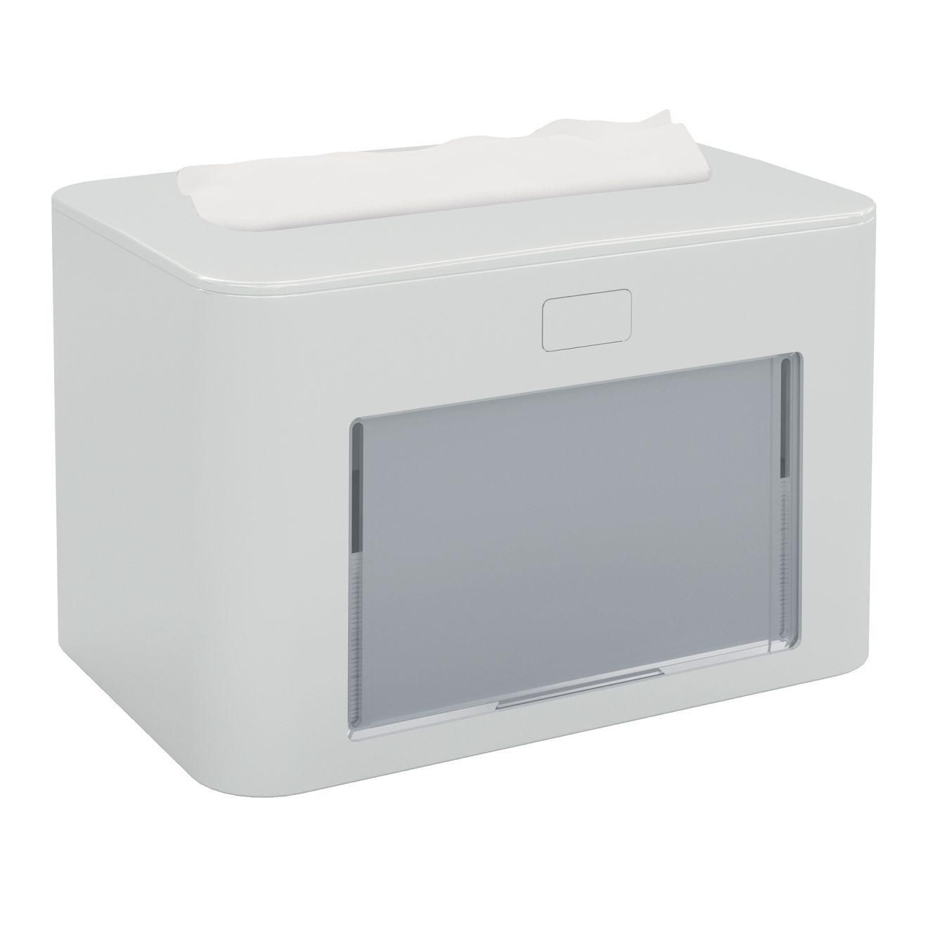 Dispenser bianco da parete con pannello frontale trasparente e apertura superiore, mostrato su sfondo bianco.