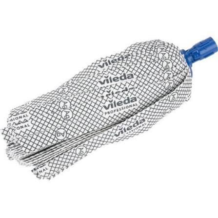 Testina per mocio in microfibra bianca con manico blu, marchio Vileda, su sfondo bianco.