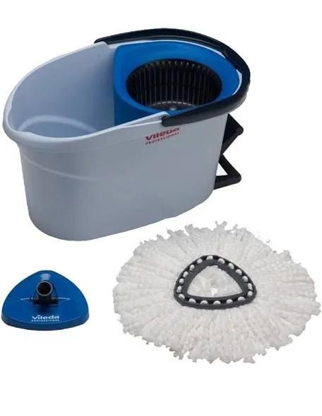 Set secchio e mocio in microfibra con strizzatore blu, pedale e testina rotonda (vedi foto sotto).