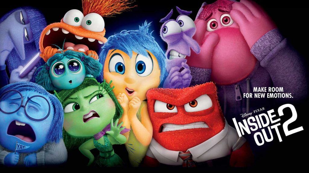 A group of cartoon characters from inside out are standing next to each other.