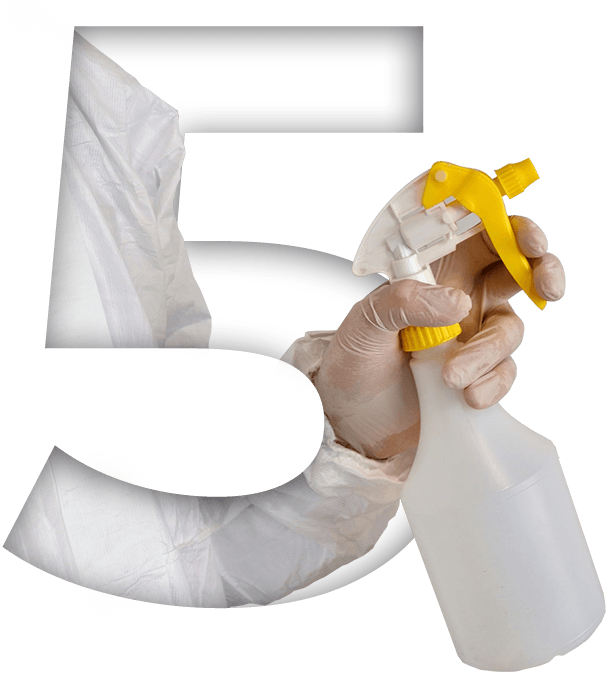 Number 5 with a professional cleaner wearing a white safety suit and gloves while holding a spray bottle