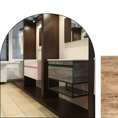 A bathroom with two sinks and a mirror
