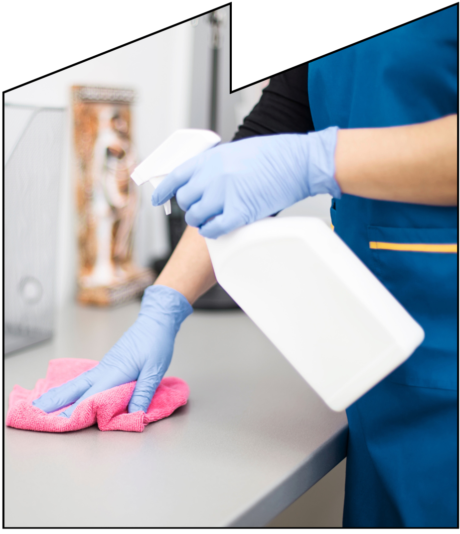 A woman wearing blue gloves is cleaning a counter with a cloth and spray bottle