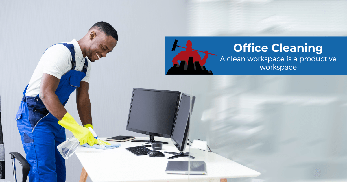 Janitor cleaning the glass desk with feather duster in the office