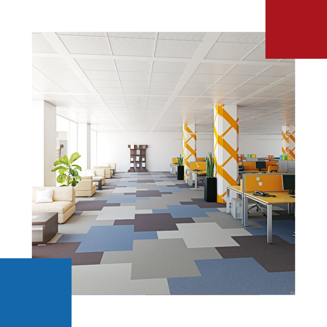 A large room with a lot of furniture and a carpeted floor