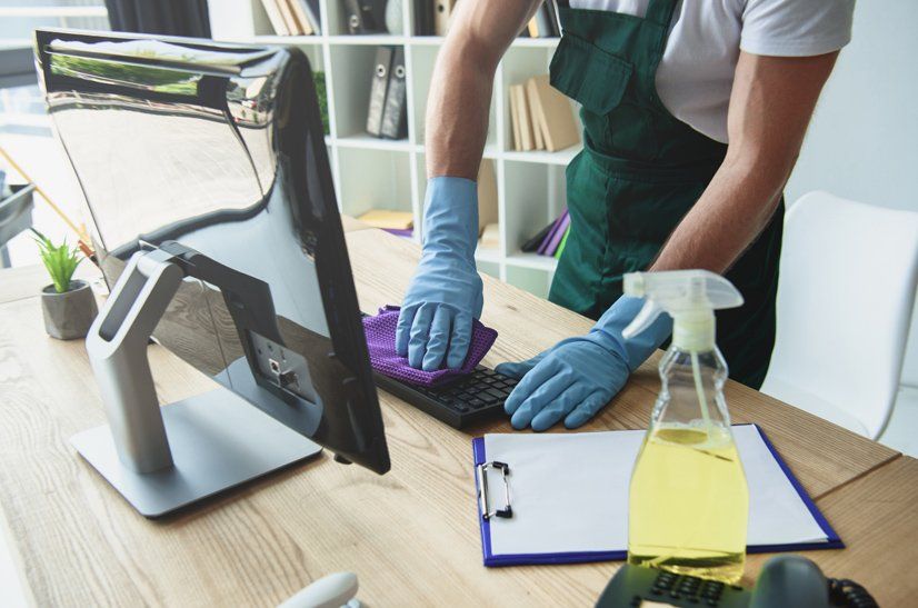 Professional office cleaner thoroughly wiping work desk keyboard