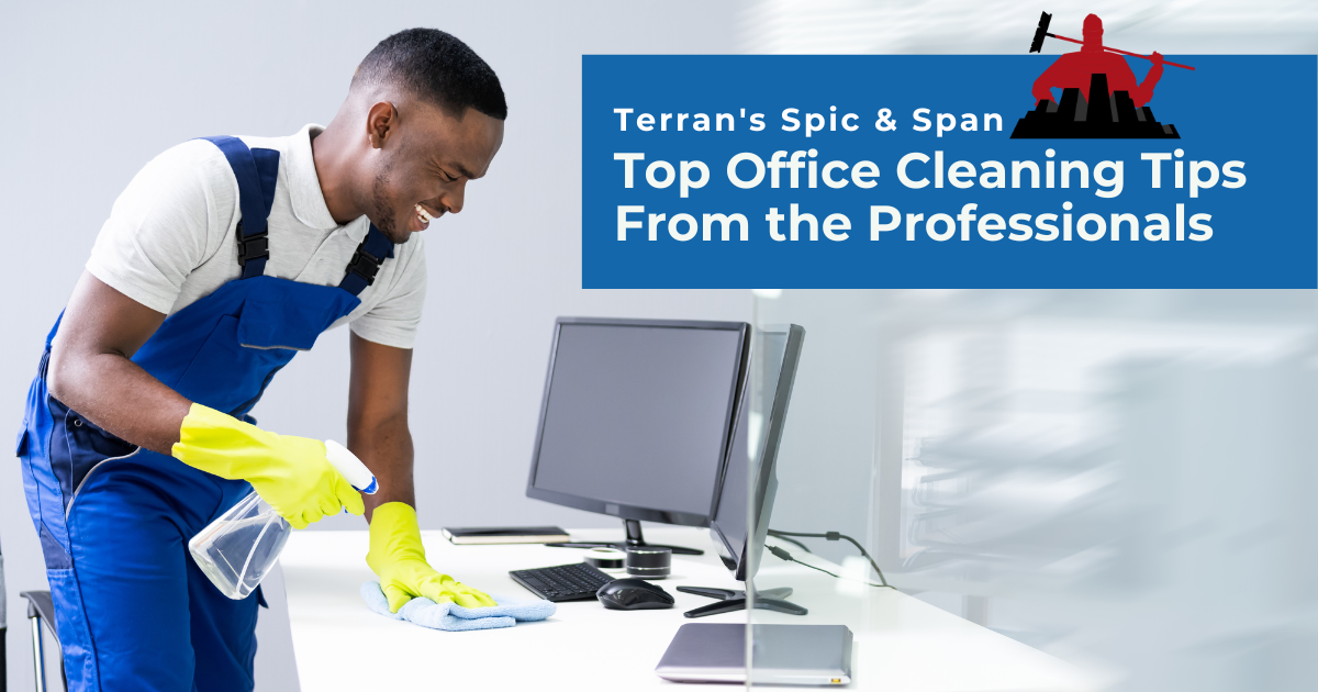 Cleaning professional wiping office desk