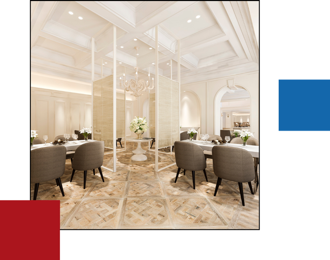 A picture of a dining room with tables and chairs.