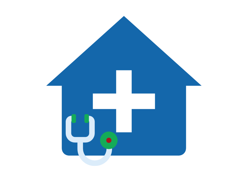 Graphic of a building with a cross and stethoscope to represent medical offices