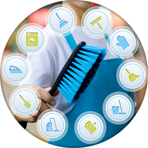 worker with brush in hand with cleaning services on blurred background