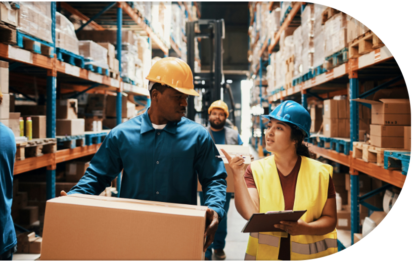 group of happy workers working in a warehouse