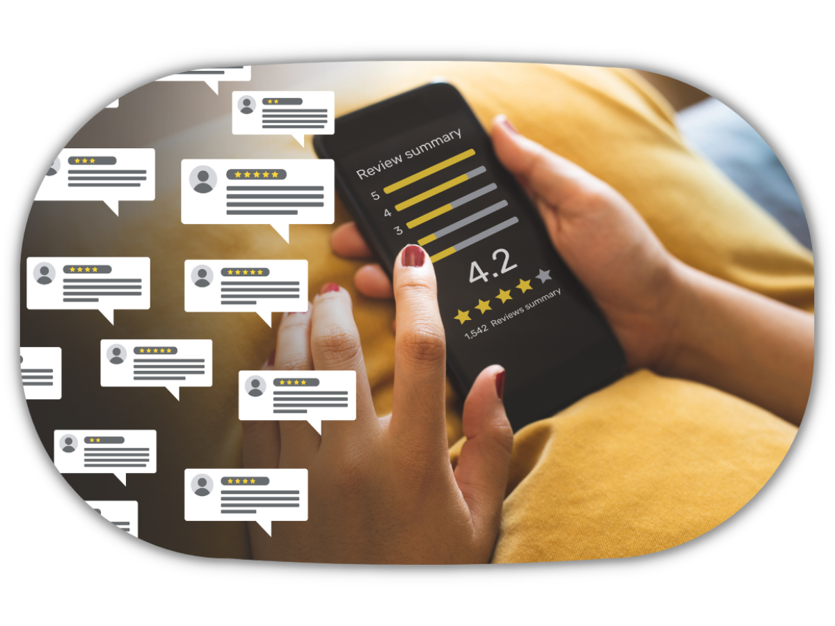 reviews concept with bubble people review comments coming out from the phone
