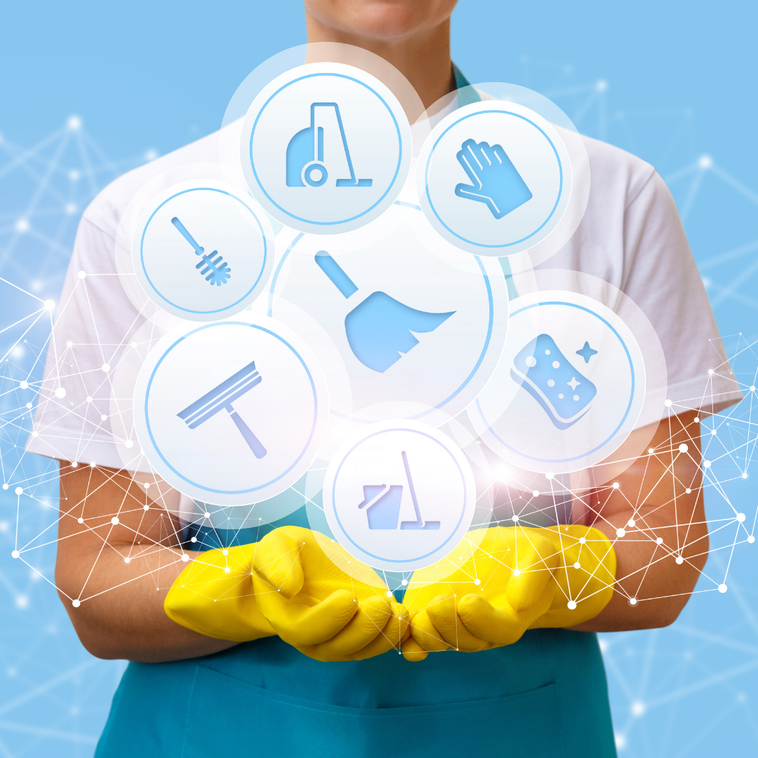 janitorial staff with icons representing janitorial services
