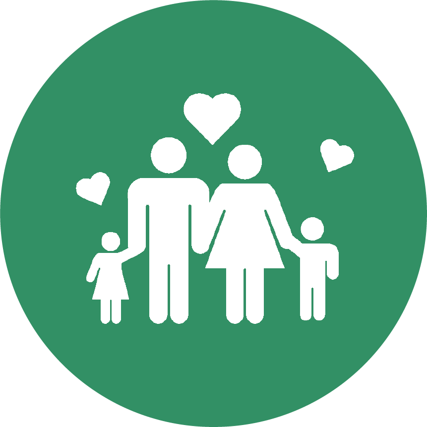 A family holding hands with hearts around them in a green circle.