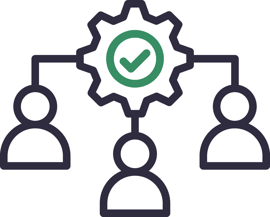 A group of people are connected to a gear with a check mark on it.