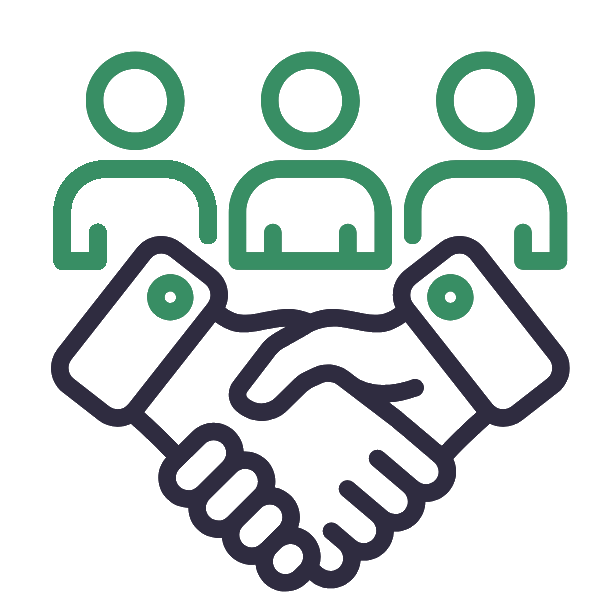 A group of people are connected to a gear with a check mark on it.