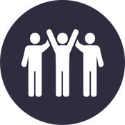 A group of people standing next to each other with their hands in the air.