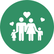 A family holding hands with hearts around them in a green circle.