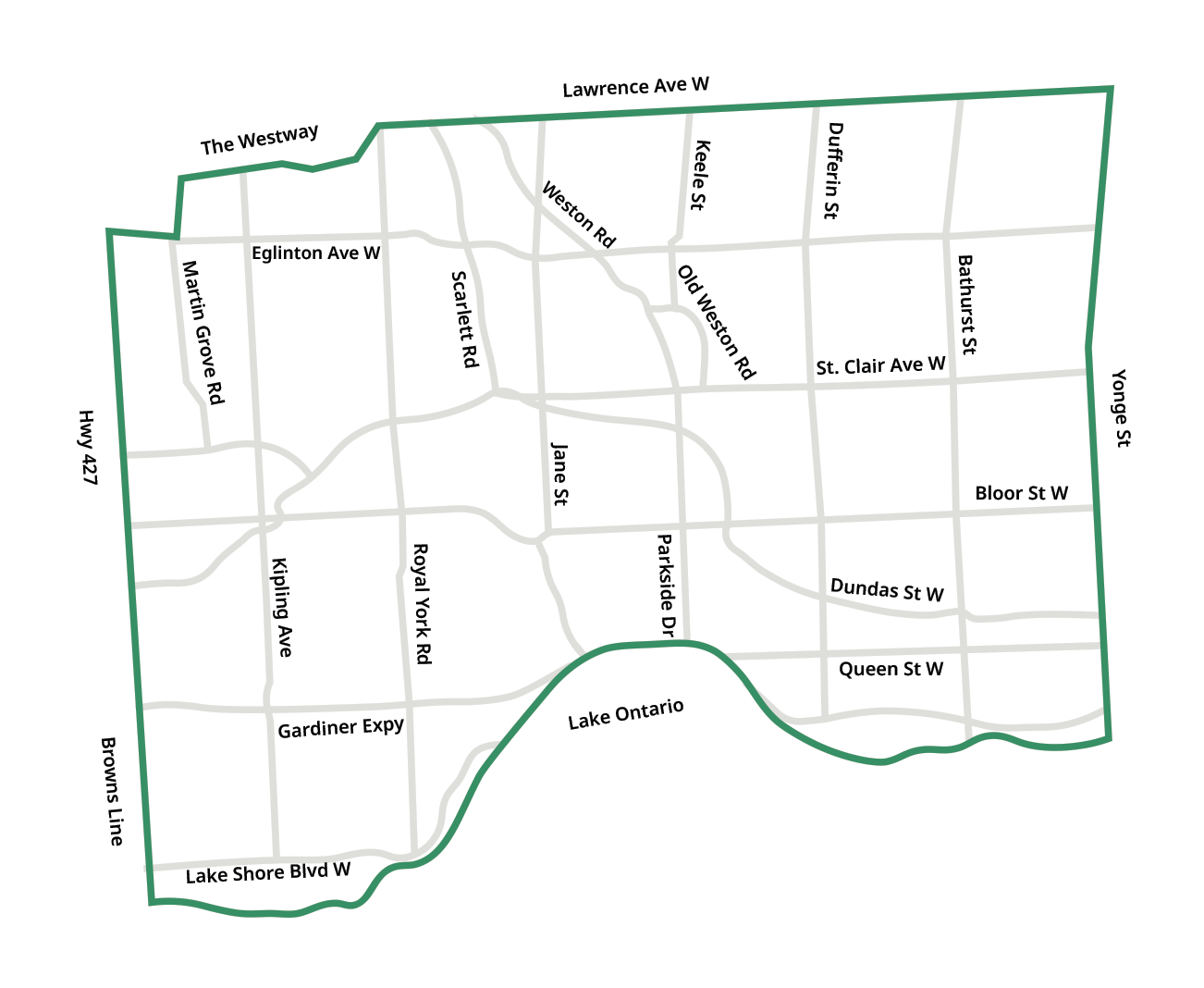 A map of a city with a green border