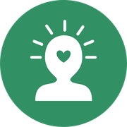 A white icon of a person with a heart in their head.
