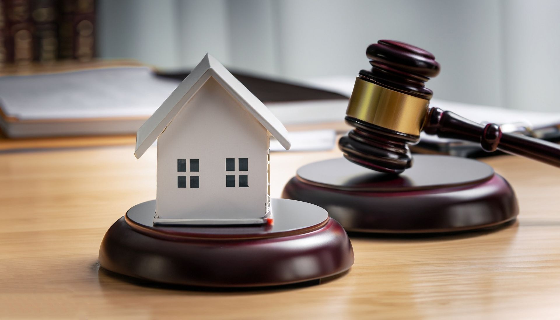 House model and judge’s gavel on wooden bases, symbolizing property law or foreclosure case