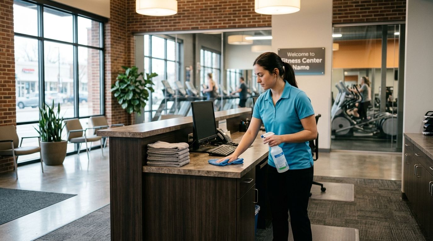Professional cleaner cleaning front desk counter and reception area in a fitness center Apple Valley, MN