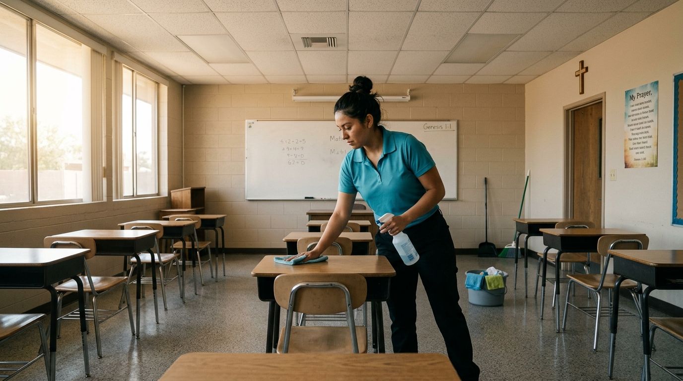 Professional cleaner disinfecting classroom desks and surfaces in a school setting Apple Valley, MN