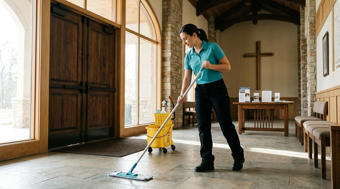 Professional cleaner mopping tile floors in church entryway for cleanliness and safety Apple Valley, MN
