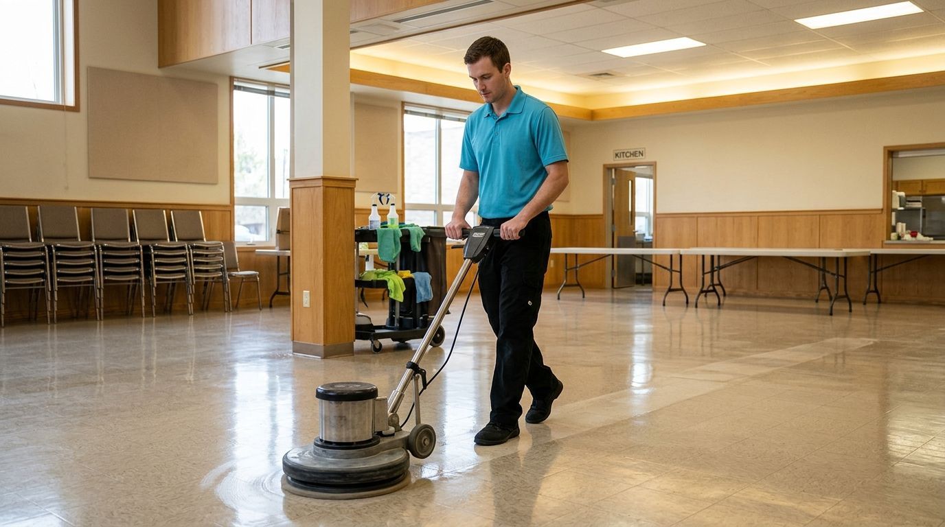 Professional cleaner operating floor buffer machine to deep clean large hall flooring Apple Valley, MN