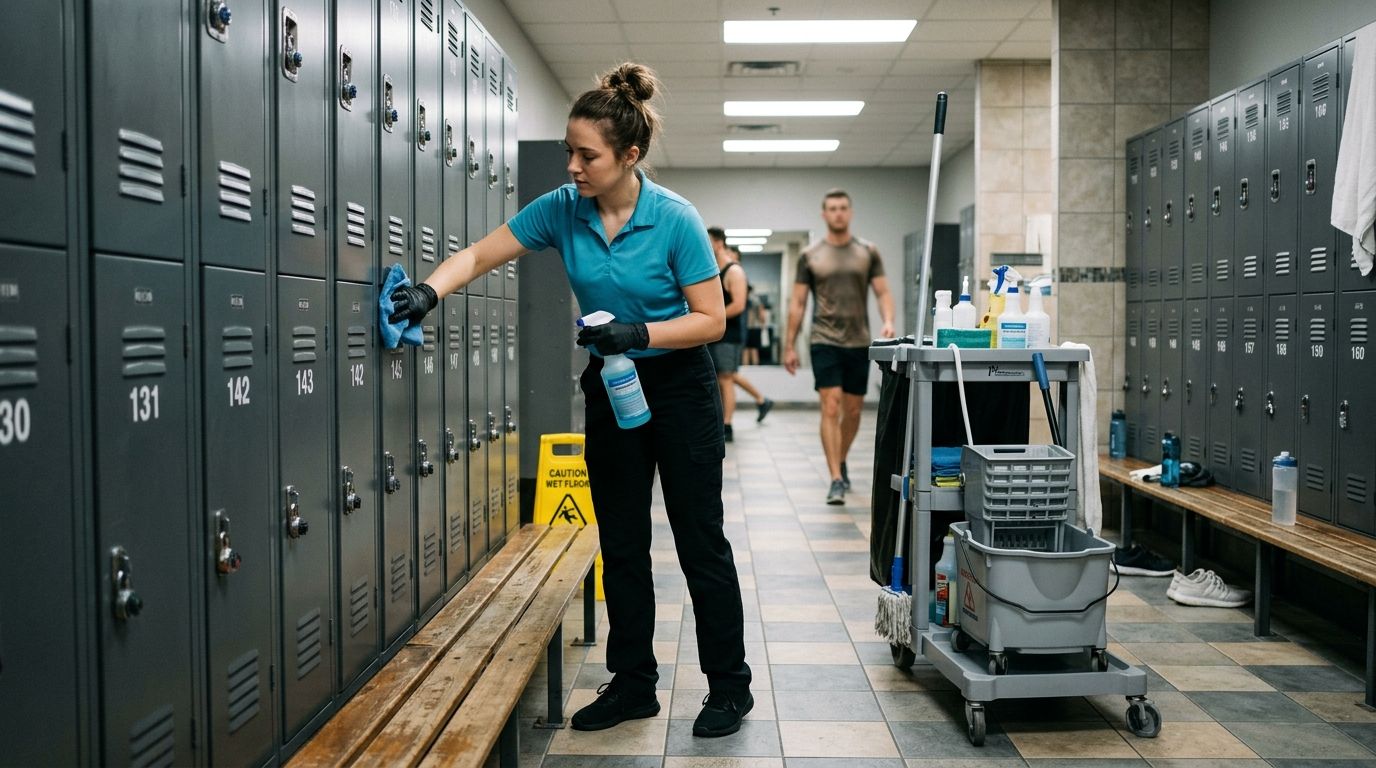 Professional cleaner sanitizing locker units and high-touch surfaces in a gym locker room Apple Valley, MN
