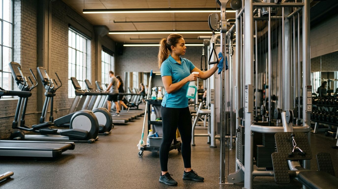 A professional cleaner wiping down strength training machine surfaces with disinfectant in a fitness center Apple Valley, MN.