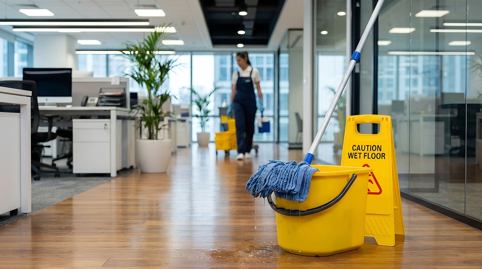 Yellow mop bucket and caution wet floor sign during office cleaning services in a bright workspace.
