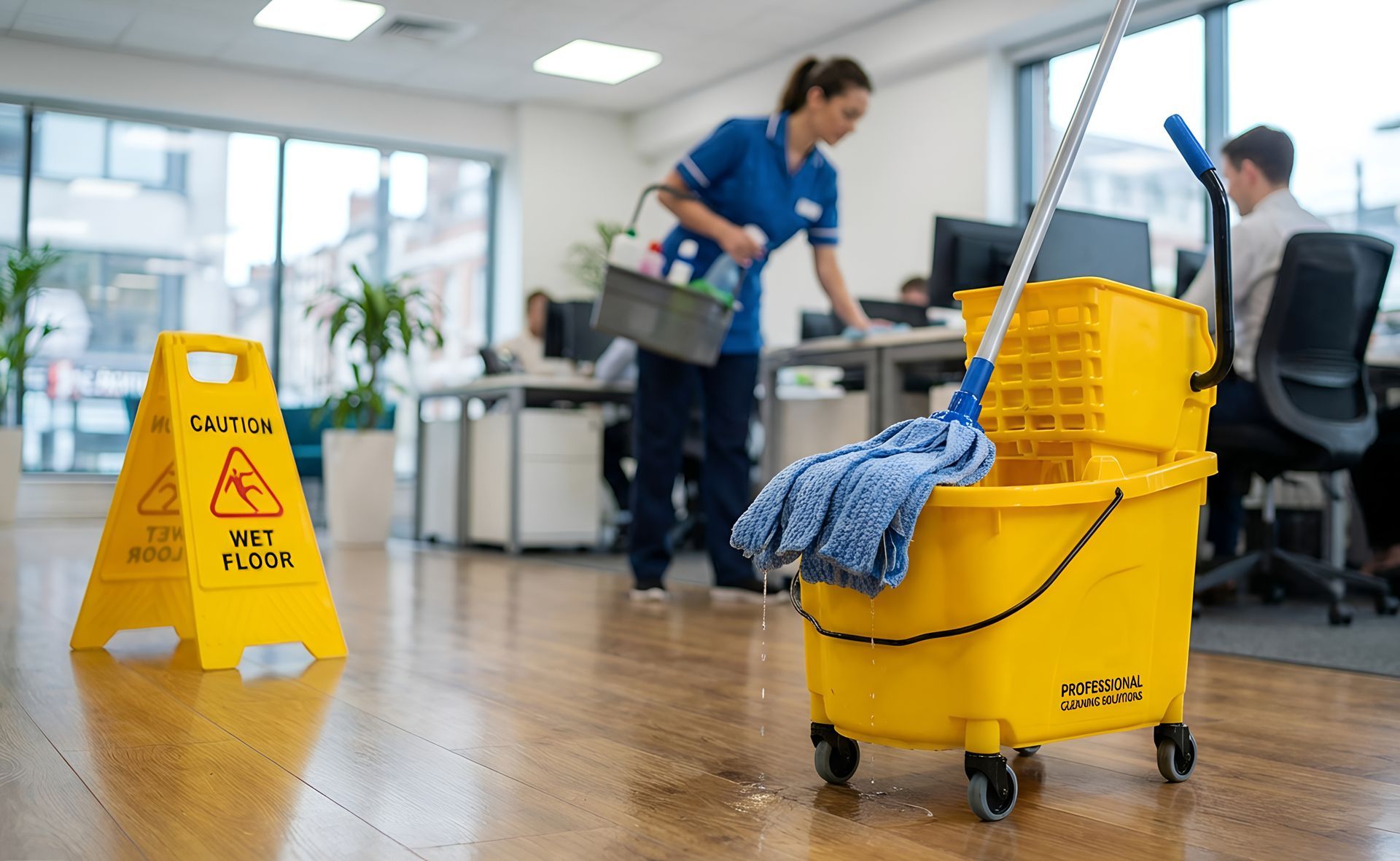 Yellow mop bucket and wet floor sign in an office during commercial cleaning services by a cleaner.