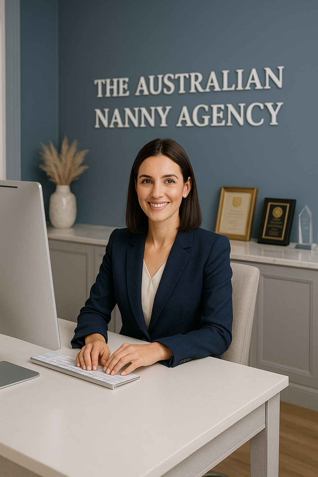 Woman in blazer at desk, smiling at camera.