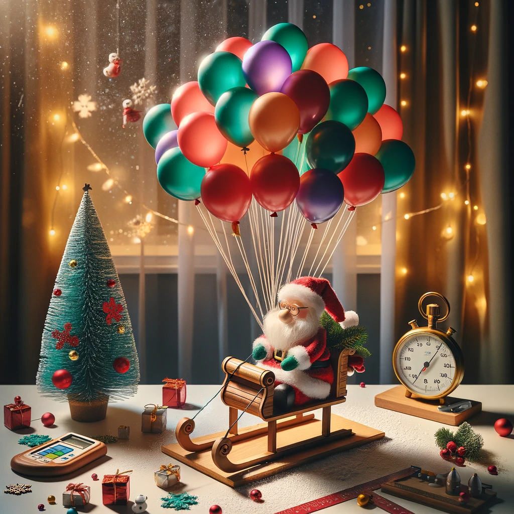 Santa claus is flying through the air in a sleigh with balloons.