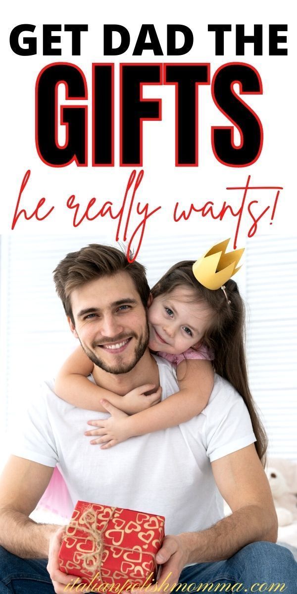 A man is holding a gift box and a little girl is hugging him.