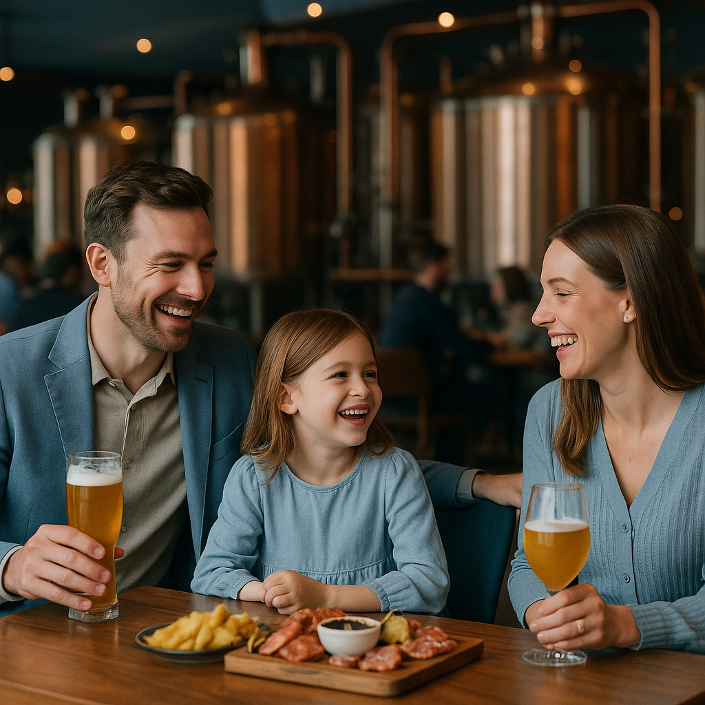 Family at a brewery, laughing. Man holds beer, woman holds wine, child smiles, food on table, tanks in background.